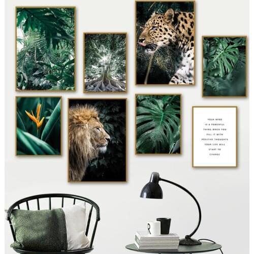 Jungle Cheetah Lion Monstera Leaf Tree Wall Art Canvas Painting Nordic Posters And Prints Wall Pictures For Living Room Decor