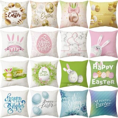 Happy Easter Cushion Cover Rabbit Egg White Polyester Throw Pillow Case 45X45cm Home Sofa Decoration