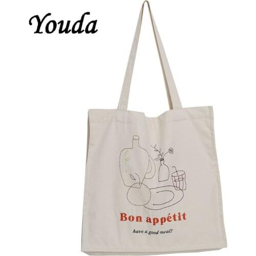 New women' Canvas Shoulder Bag Japanese Simple Female Handbag Student Embroidery Large-capacity Reusable Shopping Bag School Bag