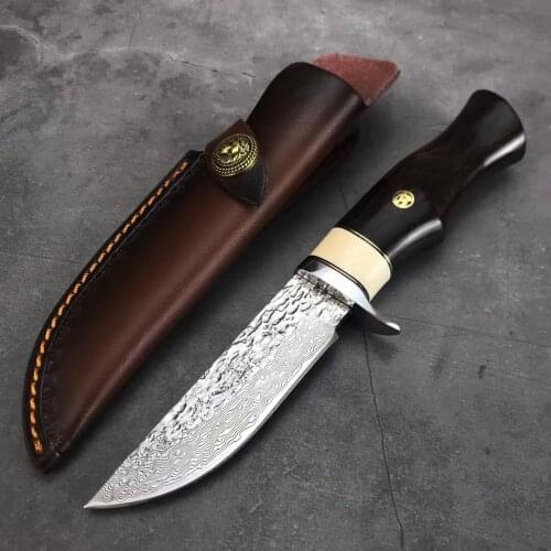 Damascus Steel Hunting Knife Survival Knives Camping ,Steel + Ebony Handle Rescue Pocket knife with Leather sheath EDC Tools