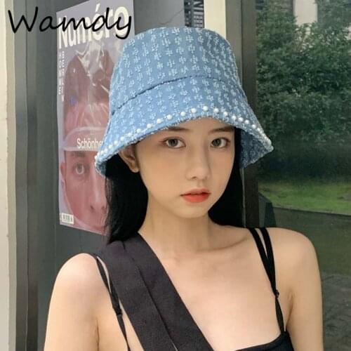New Foldable Fisherman Hat Washed Denim Pearl Bucket Hats Women Fashion Bob Caps Hip Hop Gorros Men Women Panama Bucket Cap 2021