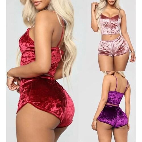 Sexy Pajama Party Set 2pcs Velvet Sleepwear Sexy Spaghetti Strap Velvet Shorts Pajama Set Ladies Sleepwear female