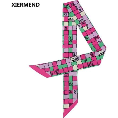2018 The new carriage hit color printing simulation silk scarf tied bag handle ribbon head skinny scarves