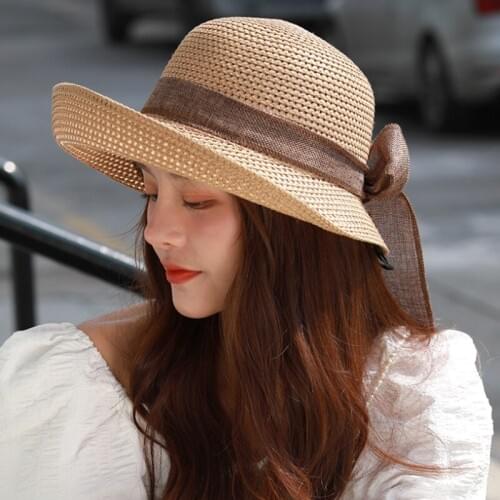 New Summer Sun Hats Women Fashion Girl Breathable Straw Ribbon Bow Beach Casual Straw Flat Top Panama Bone Feminine Glacier Hat