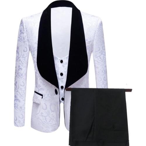 White Jacquard Men Suits Slim Fit Formal Wedding Suits For Men Custom Made Groom Tuxedo Blazer 3 Pieces Terno Jacket+Pants+Vest