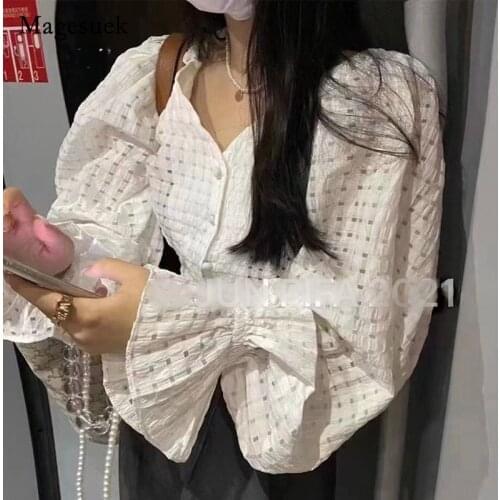 Korean Spring Autumn 2021 Women Long Sleeve Tops V-neck Flare Sleeve Folds Buttons Loose Shirts Sweet Casual Blouse Blusas 15756