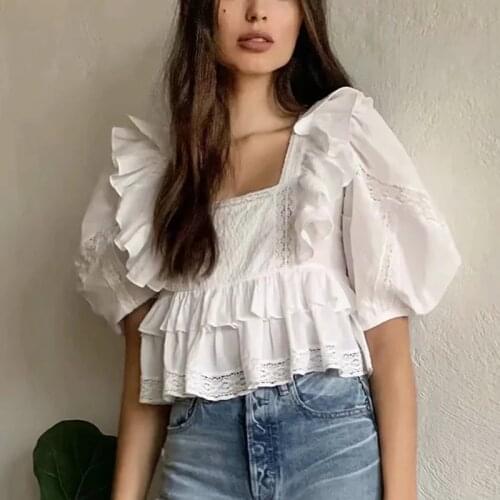 GypsyLady White Lace Blouse Shirt 100% Cotton Eyelet Sheer Summer Blouse Lace Up backless Blouse Women Ladies Chic Top Shirt