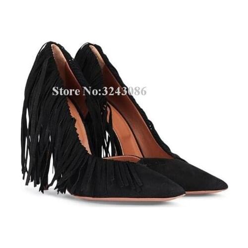 Lady New Black Suede Fringe Pumps Shoes Sexy Pointed Toe Tassel Stiletto Heel Party High Heels Shoes Women Large Size Shoes