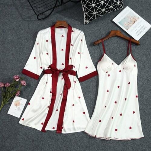 White Heart Print Kimono Robe Gown Suit With Belt Sexy V-Neck Nightdress Set Lady Casual Home Dress Elegant Satin Bathrobe