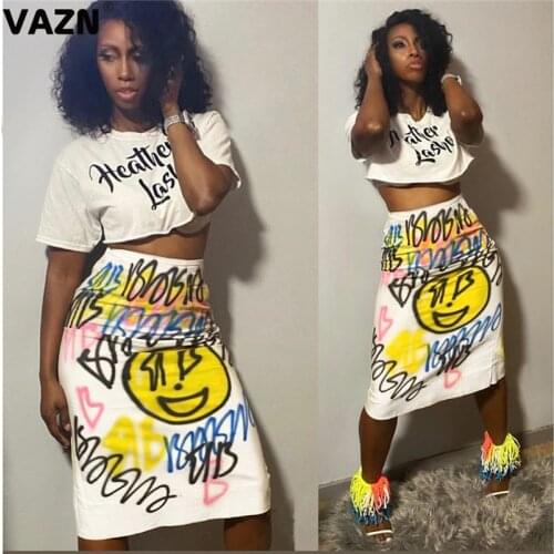 VAZN Hot sale 2020 summer sexy lady white print 2-piece special set short sleeve short pullover tees mid-calf skirts casual set