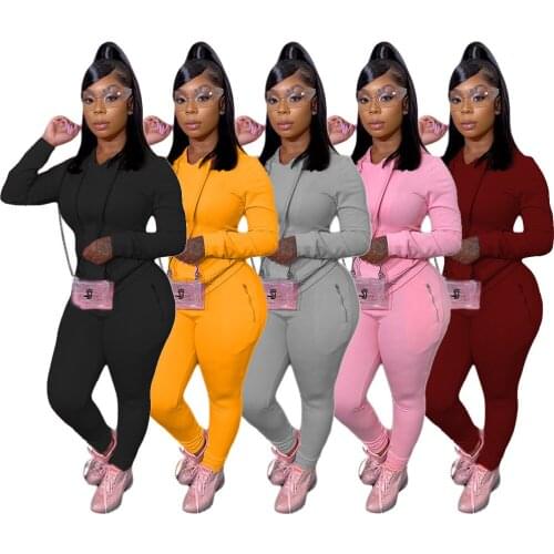 Womens Solid Long Sleeve Trousers Two Piece Sets Women Elegant Zipper Pocket Hoodies And Long Pants Tracksuit Female Outfits