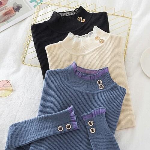 Pullover Sweater Knitted Women Winter 2021 Lace High Neck Basic Slim Casual Ribbed Knit Top Autumn Button Clothes Sweaters