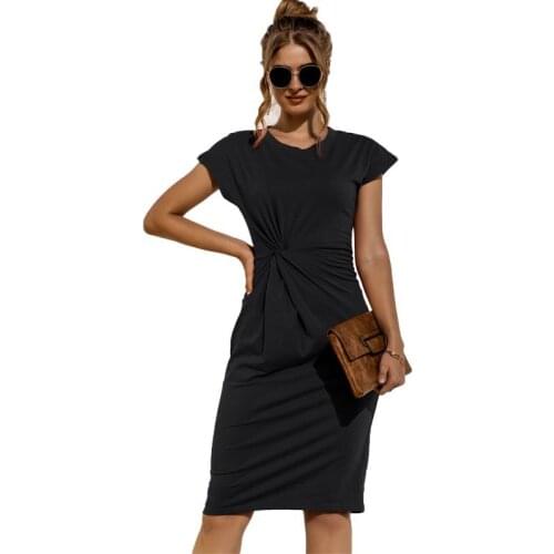 Women Summer Dress 2021 Black Casual Short Sleeve O-neck Folds Pencil Bodycon Dress Vestidos