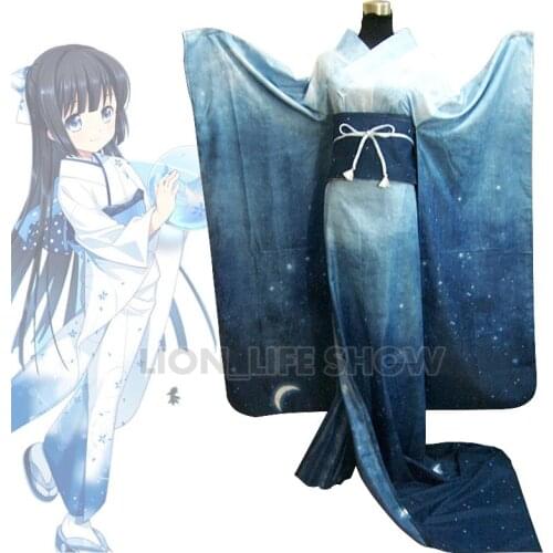 Women Japanese Traditional Blue Furisode Long Kimono Dress Cosplay Costume outfit