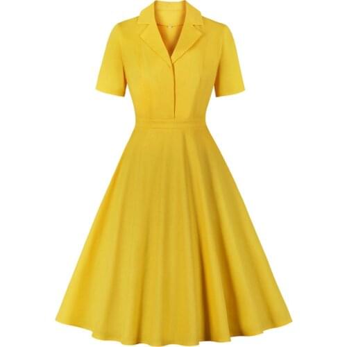 2021 Notched Collar Yellow Vintage Style Women 50s Retro Cotton Dresses Fabric Summer Short Sleeve A Line Solid Rockabilly Dress