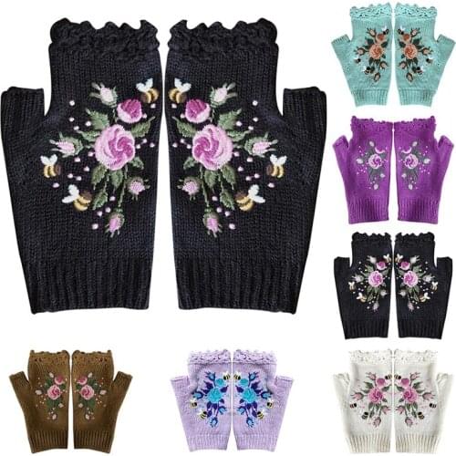 1pc Fashion Manual Embroidered Fingerless Gloves Women Thumb Gloves Flower Knitted Mittens Clothing Accessories For Winter