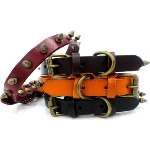 5 Pieces/Lot) 100% High Quality Cowhide Leather Dog Collars Bronze Spike Studded Anti-Bite Dog Collar for Small Medium Dogs