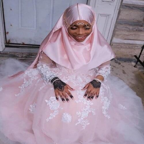 Arabic Pink Muslim wedding Dresses With Lace 2021 African Engagement A Line Dubai Turkey bridal Dress Elegant Sweep Train robes