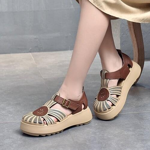 YourSeason Genuine Leather Ladies Wedges Shoes 2021 New Handmade Concise Platform Vintage Buckle Strap Sandals