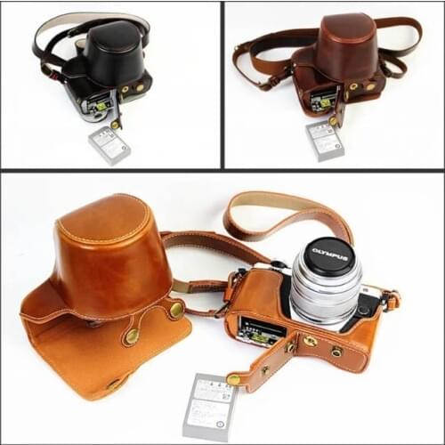 PU leather camera case bag cover pouch for Olympus OM-D OMD EM10 II E-M10 MarkII (14-42mm Lens) With Battery Bottom Opening