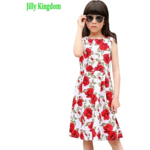 Jilly Kingdom Flower Baby Girl Dress Children Girl Sleeveless Cotton Roses Blue Summer kids Princess Party Dresses Size 2~11 New