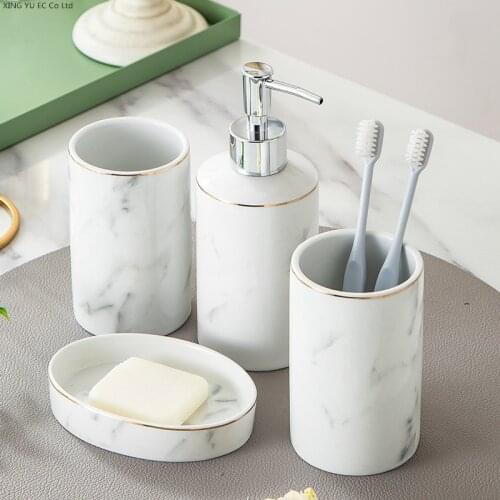European Style Bathroom Supplies Marble Pattern Ceramic Toothpaste Dispenser Lotion Bottle Mouthwash Cup Bathroom Decoration