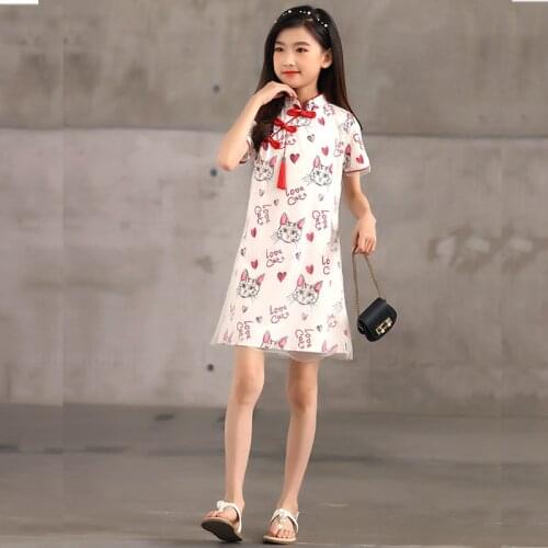 Chinese Cheongsams Straight Dresses for Girls Summer Clothes 3 To13 Years Old Cute Cat Tulle Kids Girl Dress Childrens Clothing