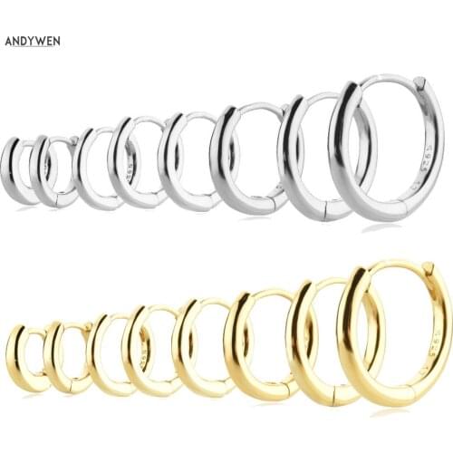 ANDYWEN 925 Sterling Silver Gold 5mm -12mm Plain Thick Huggies Size Circle Hoop Luxury Jewelry 2021 Women Wedding Gift Jewels