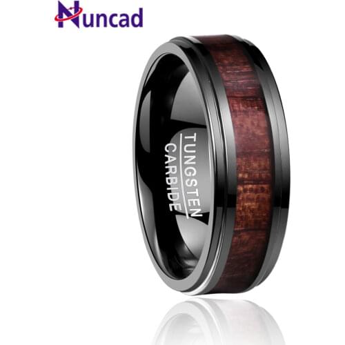 NUNCAD 8mm Wedding Jewelry Men Ring Electroplated Black Inlaid Artichoke Wood Step Surface Tungsten Carbide Ring Anel Masculino