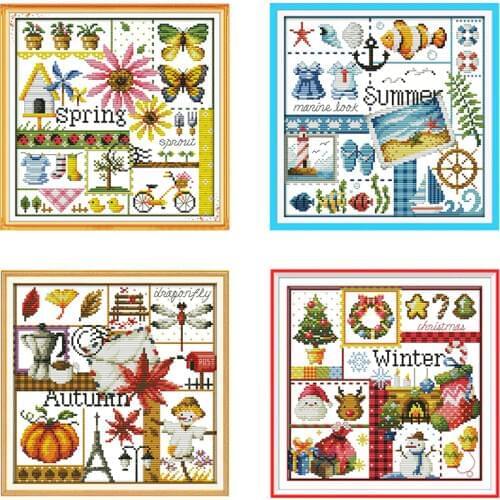 Four Seasons Pattern Spring Summer Autumn Winter Counted Cross Stitch Kit DIY Embroidery Kit Home Decoration Drawing Needlework