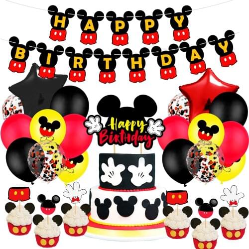 A Set Disney Mickey Minnie Mouse Balloon Set Cake Topper Flag Party Decoration Cute Anime Childrens Birthday Party Decoration