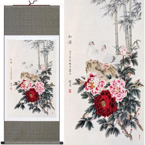 2014 New! Beautiful Flower Bird Wall Painting Bamboo Traditional Chinese Paintings Art Home Decor Modern Picture Silk Scroll