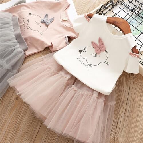 New summer girls T-shirt + gauze suit Cotton cartoon off-the-shoulder short sleeves Girl tutu Childrens clothes Girls T-shirt