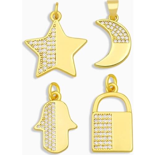 OCESRIO Brass CZ Small Moon Star Charms for Jewelry Making Gold Fatima Hand Charms for Necklaces Supplies for Jewelry pdta292