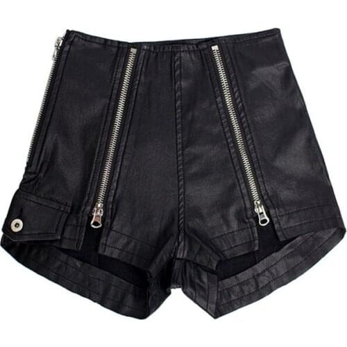 Autumn Women Jeans Shorts Faux PU Leather High Waist Zippers Elastic Black Trousers Female Bottom Pants Sexy&Club Style C3071