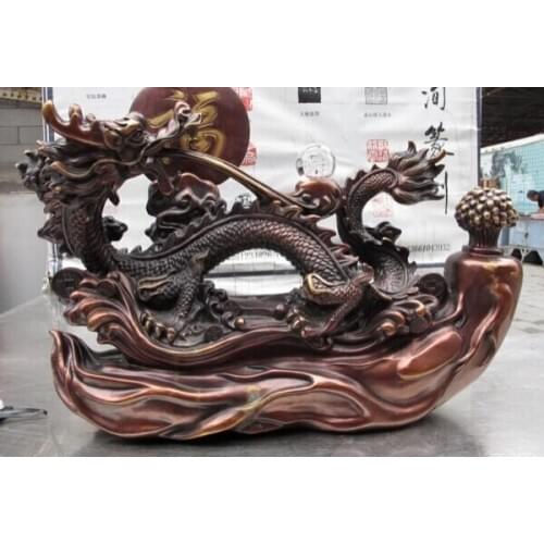 Song voge gem S1420 Chinese Royal Palace Red Bronze Copper Lucky Dragon Ginseng Panax RuYi Statue