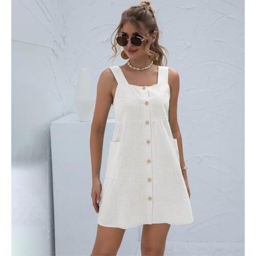 Summer Dress Women Clothes Solid Turn-down Collar Sexy Sleeveless Mini Dresses Casual Loose Waist Pocket Plus Size Street Dress