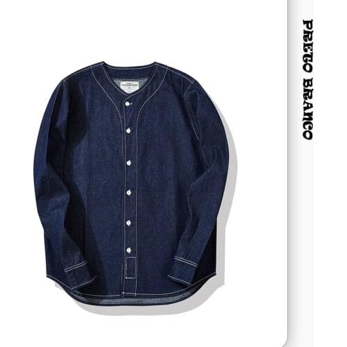 PRETO BRANCO Fall 2020 OKONKWO Japanese Retro Baseball Collar Denim Shirt Ami Kaji Mens Striped Long Sleeve Shirt OQR