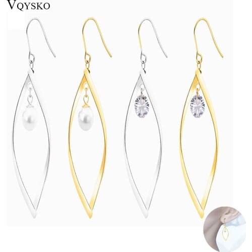 Trendy Twisted Pearl Oval Hook Earrings for Women Party Jewelry Gold Stainless Steel Hollow Dangle Zirconia Earring Gifts