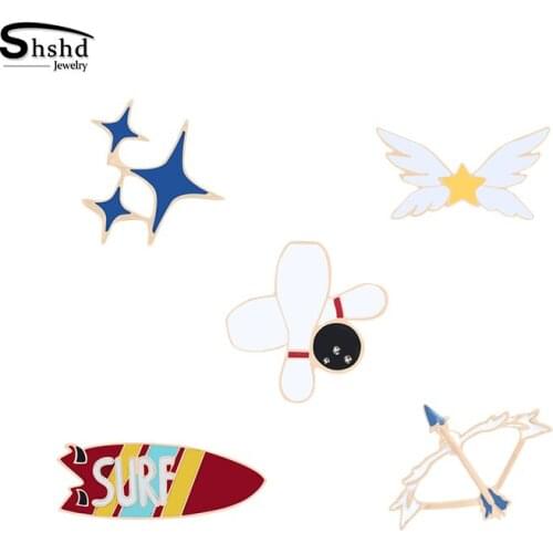 Shshd Cartoon Surfboard Stars Bow and Arrow Brooch Metal Badge Bowling Lapel Enamel Pins for Women Men Fashion Jewelry Kids Gift