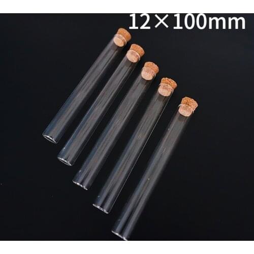 50pcs/lot 12x100mm Glass Flat bottom test tube with cork stopper,Thickened laboratory glass reaction vessel