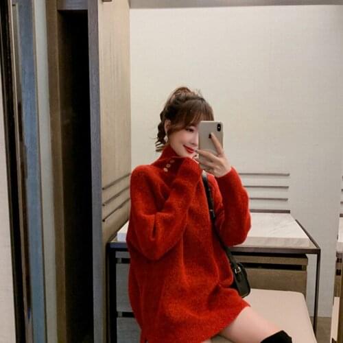 2020 Autumn Winter New Sweater Fashion Women Solid High Collar Sweater Pullover Long Sleeve Slim All-Match Sweater Dress