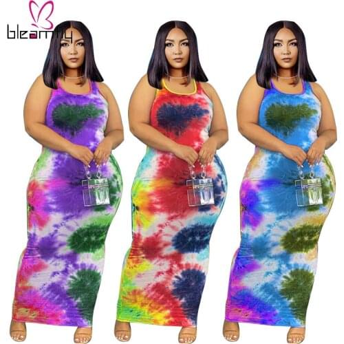 Vintage Tie Dye Printed Long Maxi Bodycon Dress Women Boho Elegant Plus Size Dresses 4XL 5XL Beach Robe Femme Vestidos 2021