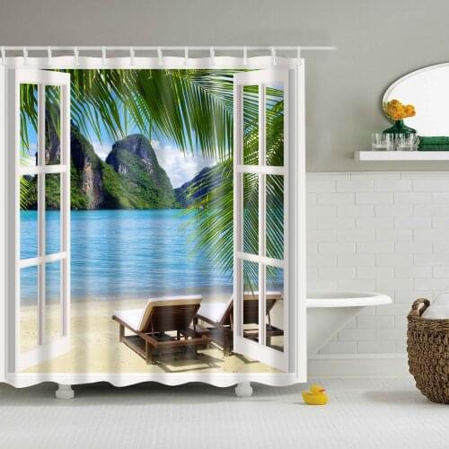 Waterproof 3D window view seaside print bathroom curtain Beach Scenery Bath Curtain cortina ducha bathroom curtain