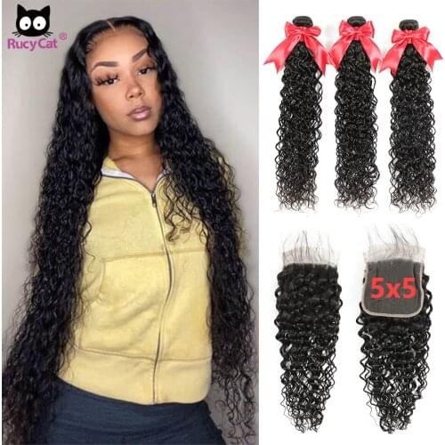 Water Wave Bundles With Closure 5X5 Lace Closure Brazilian Human Hair Bundles with Closure Rucycat Remy 6x6 Closure And Bundles