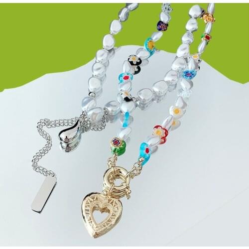 Y2K Jewelry Pearl Rainbow Flower Heart Necklace For Women Beads Vintage Bohemian Harajuku DIY Necklace Charms 90s Aesthetic Gift