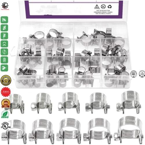 10 Sizes 304 Stainless Steel Mini Fuel Injection Line Style Hose Clamp Assortment Kit Perfect for Automotive,Agriculture,Plant