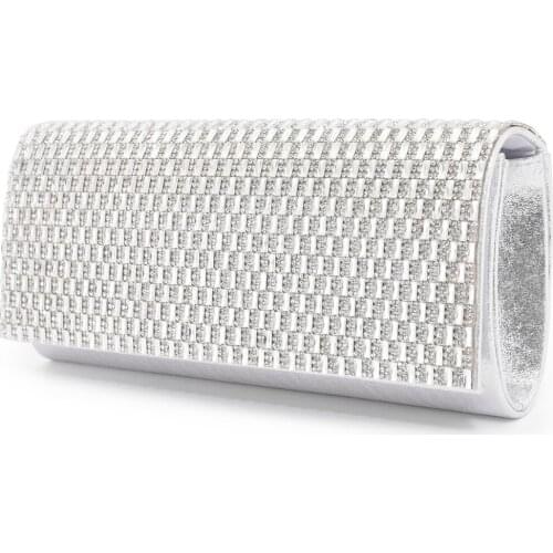 Woman Glittery Satin Evening Clutch Bag Rhinestones Slim Paillette Decor Formal Handbag Shoulder Bag For Wedding Party Sliver