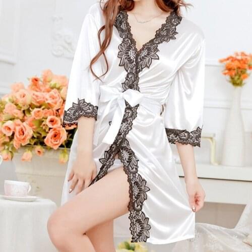 Ladies Sexy Sleepwear Lace Patchwork Bathrone V Neck Low Cut Long Sleeves Nightwear Female Sexy Erotic Sleepwear Robe