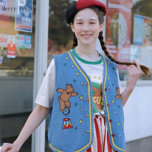Cartoon Bear Embroidery Women Casual Denim Vests 2021 Summer V Neck Sleeveless Single-breasted Korean Ladies Kawaii Cute Top